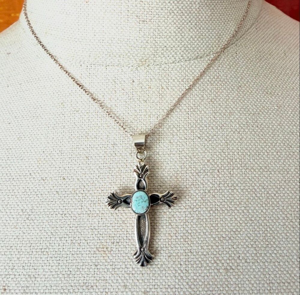 Vintage Ervin Hoskie Navajo Sterling Silver Turquoise Cross Pendant